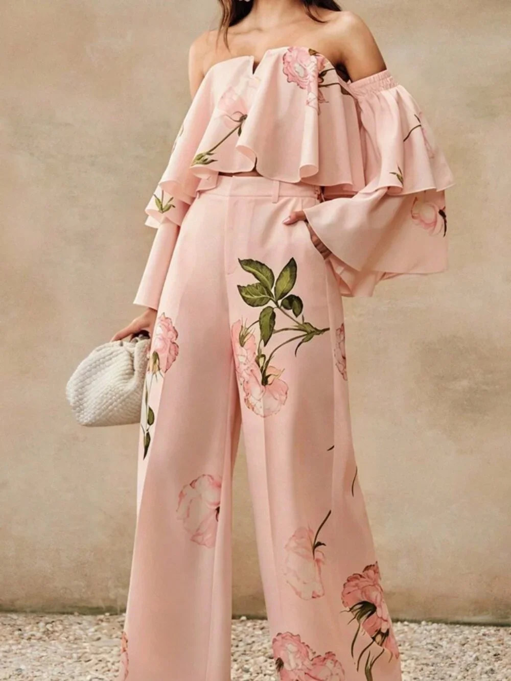 Pink Casual Women's Plants Floral Two Piece Set